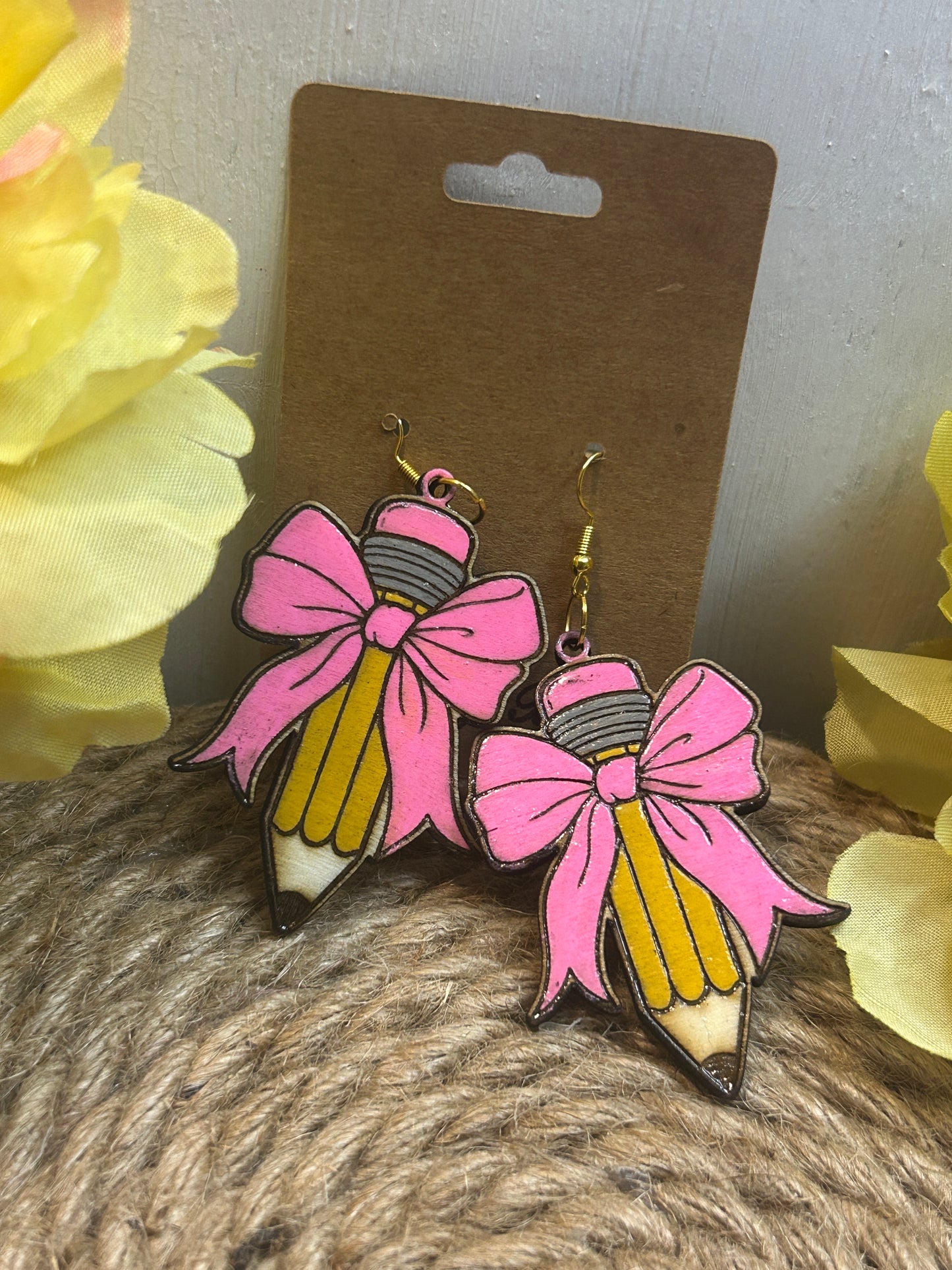Pink Bow Pencil Earrings