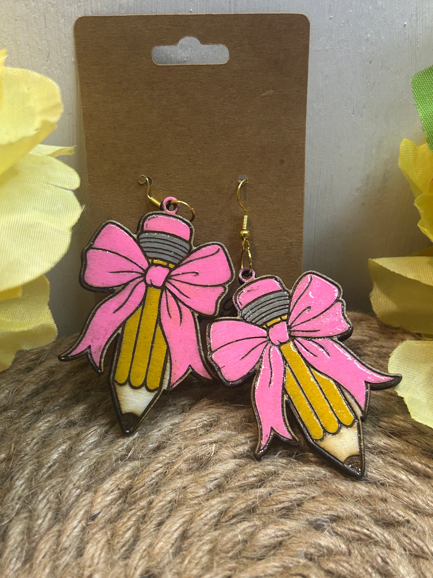 Pink Bow Pencil Earrings