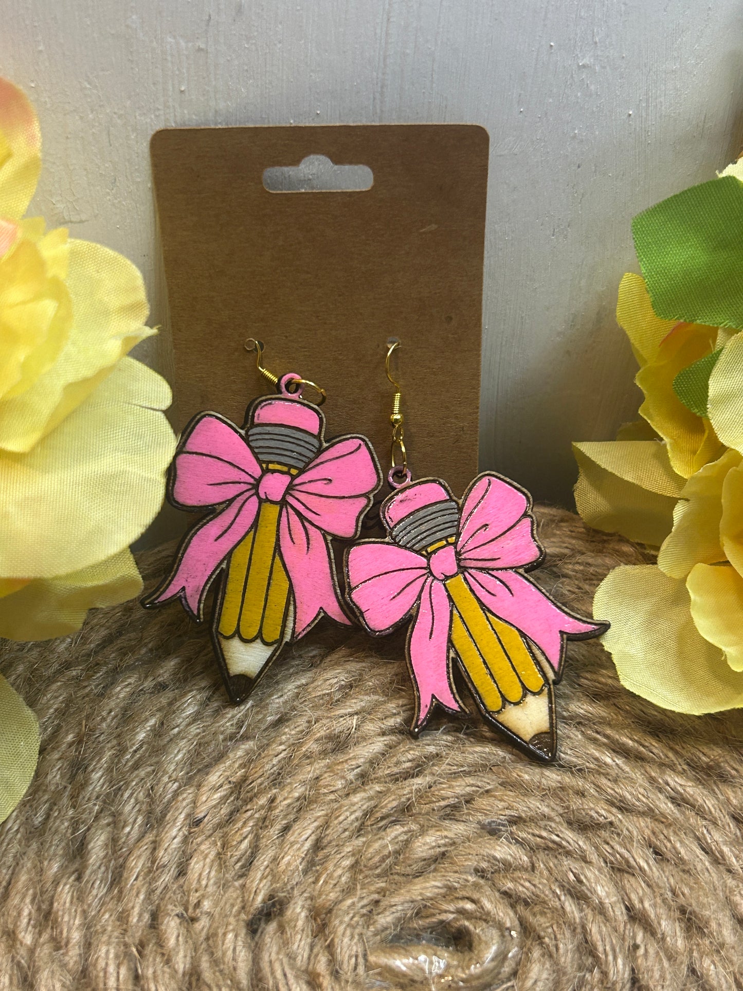 Pink Bow Pencil Earrings