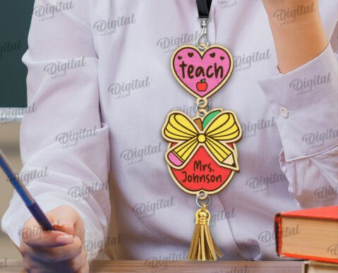 Teacher Heart and Apple with Pencil Bow Lanyard