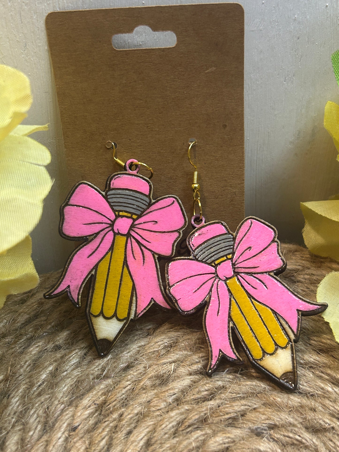 Pink Bow Pencil Earrings